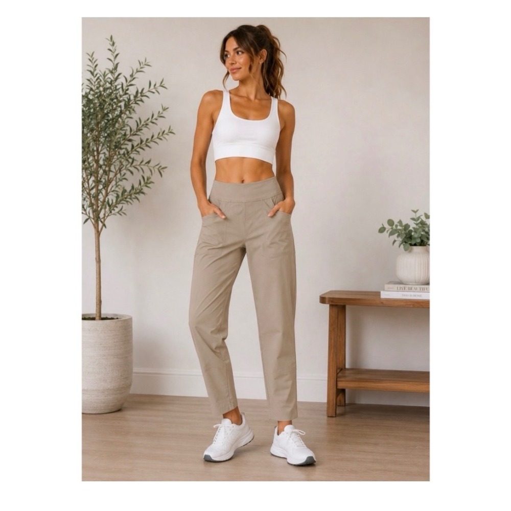 HOKA ONE Women Transport Pant Small Beige High Rise Travel Hiking Athletic
